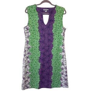 Rulon Reed Dress Medium Sleeveless Knee Length Split V-Neck Floral Stretch USA